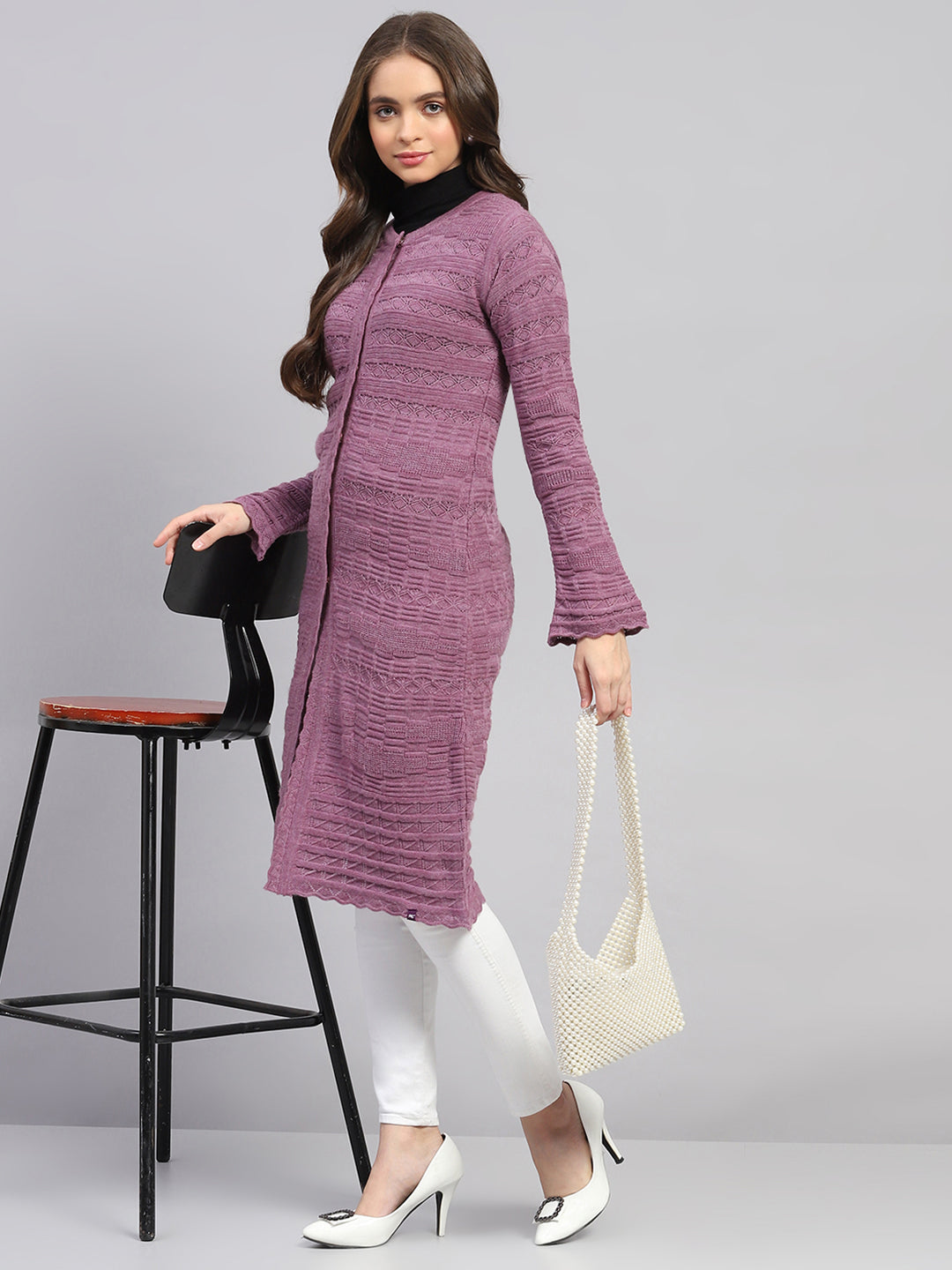Women Purple Self Design Round Neck Full Sleeve Longline Cardigan