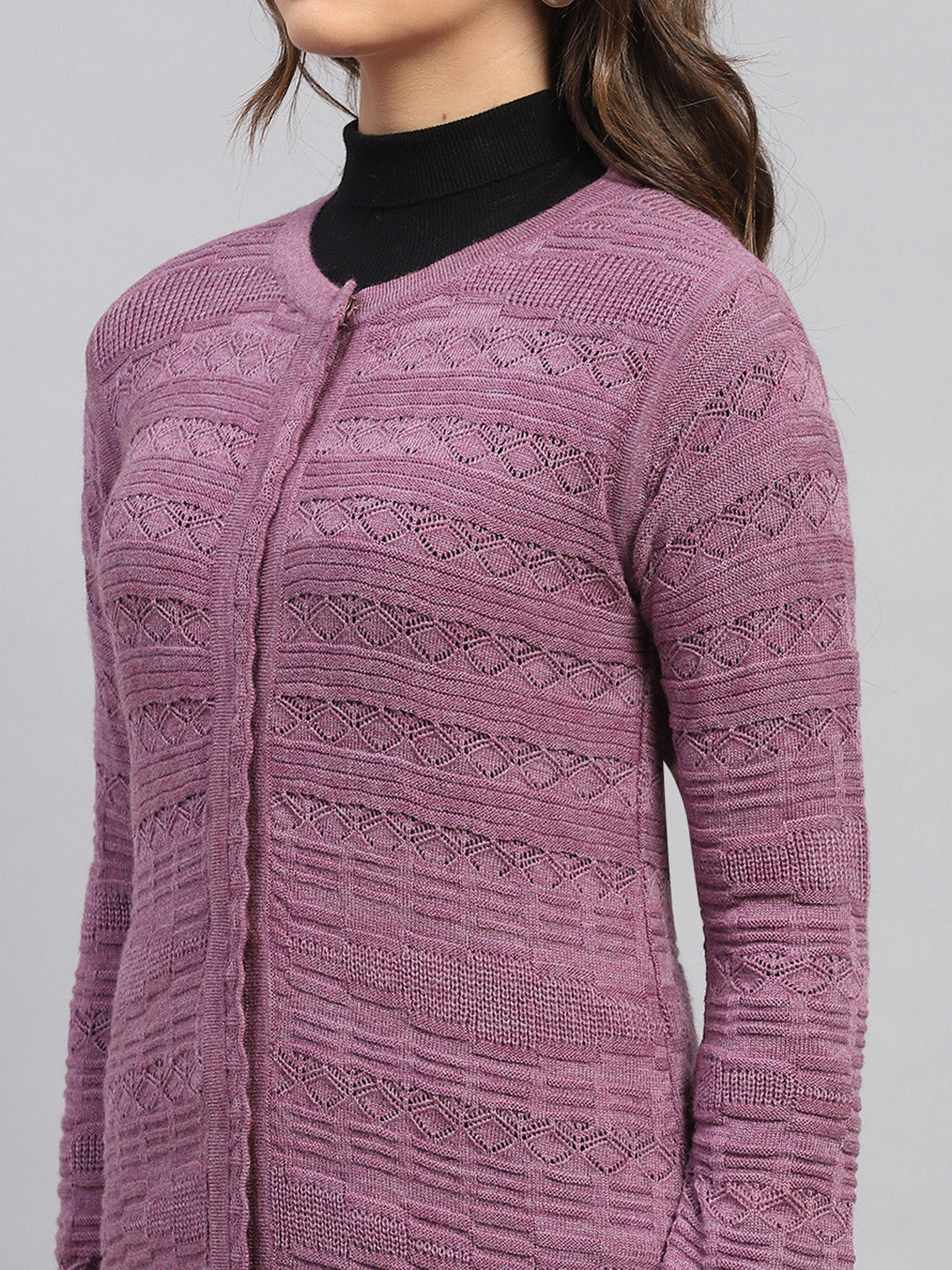 Women Purple Self Design Round Neck Full Sleeve Longline Cardigan