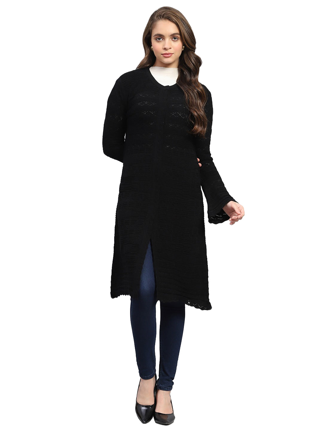 Women Black Self Design Round Neck Full Sleeve Longline Cardigan