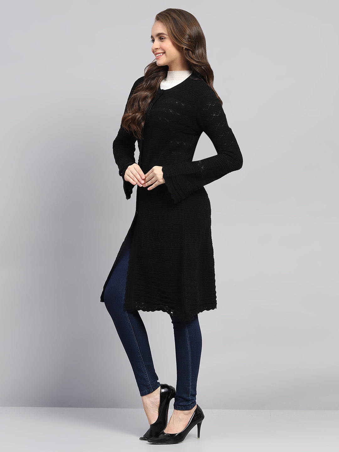 Women Black Self Design Round Neck Full Sleeve Longline Cardigan