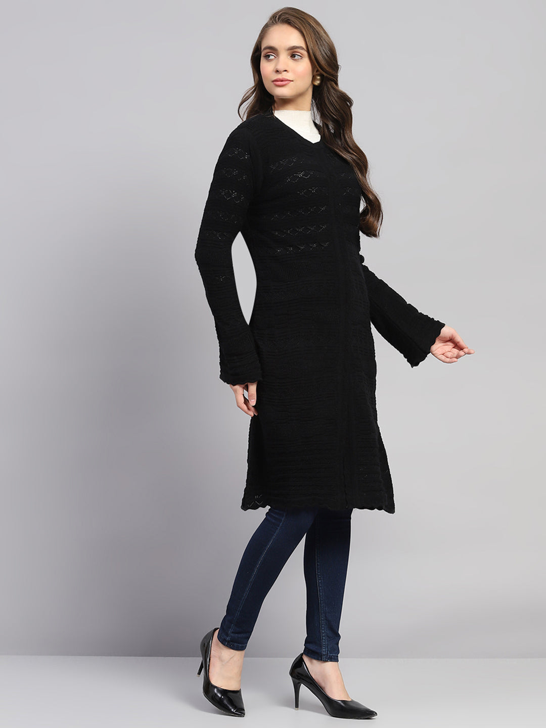 Women Black Self Design Round Neck Full Sleeve Longline Cardigan