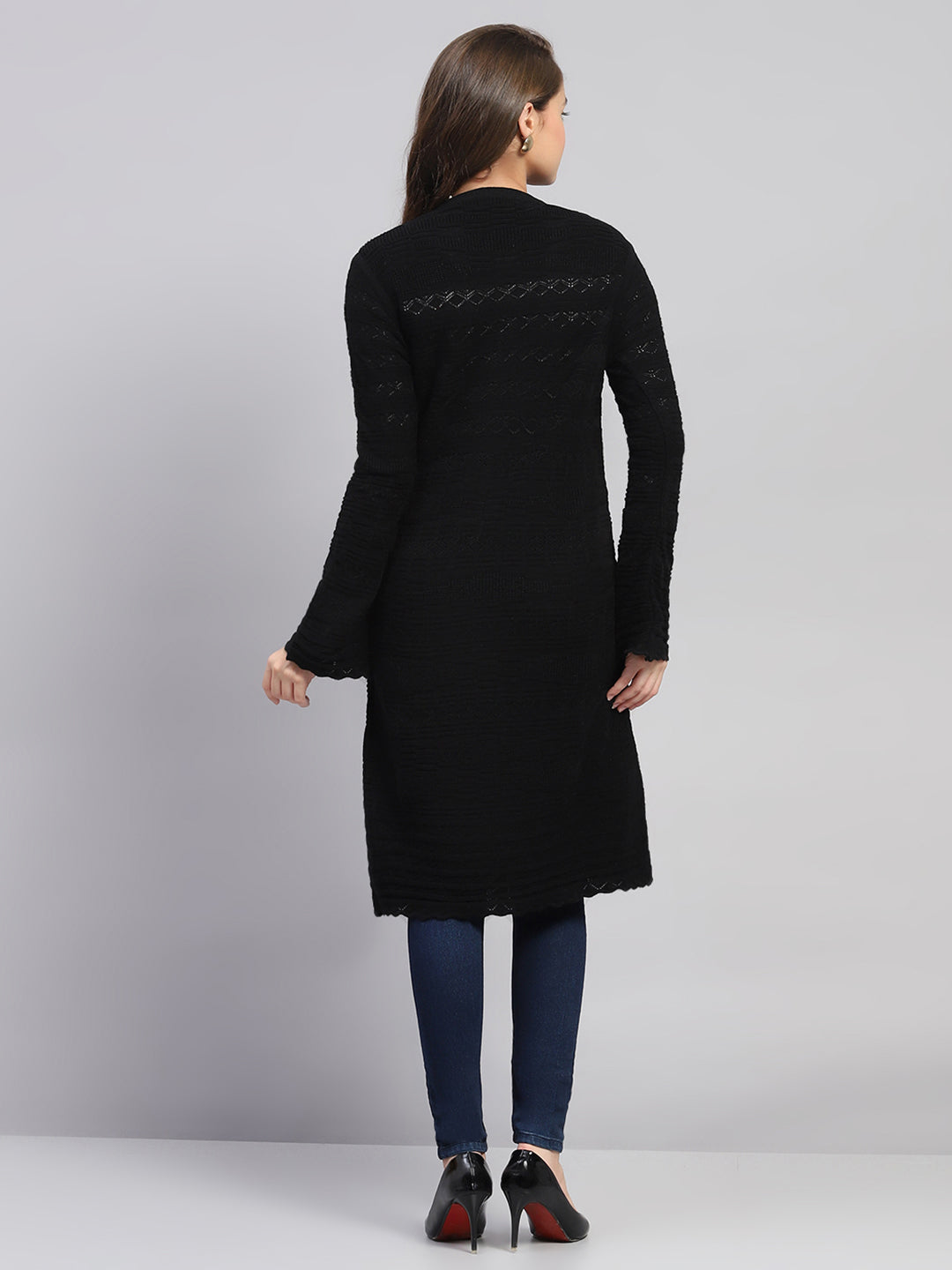 Women Black Self Design Round Neck Full Sleeve Longline Cardigan