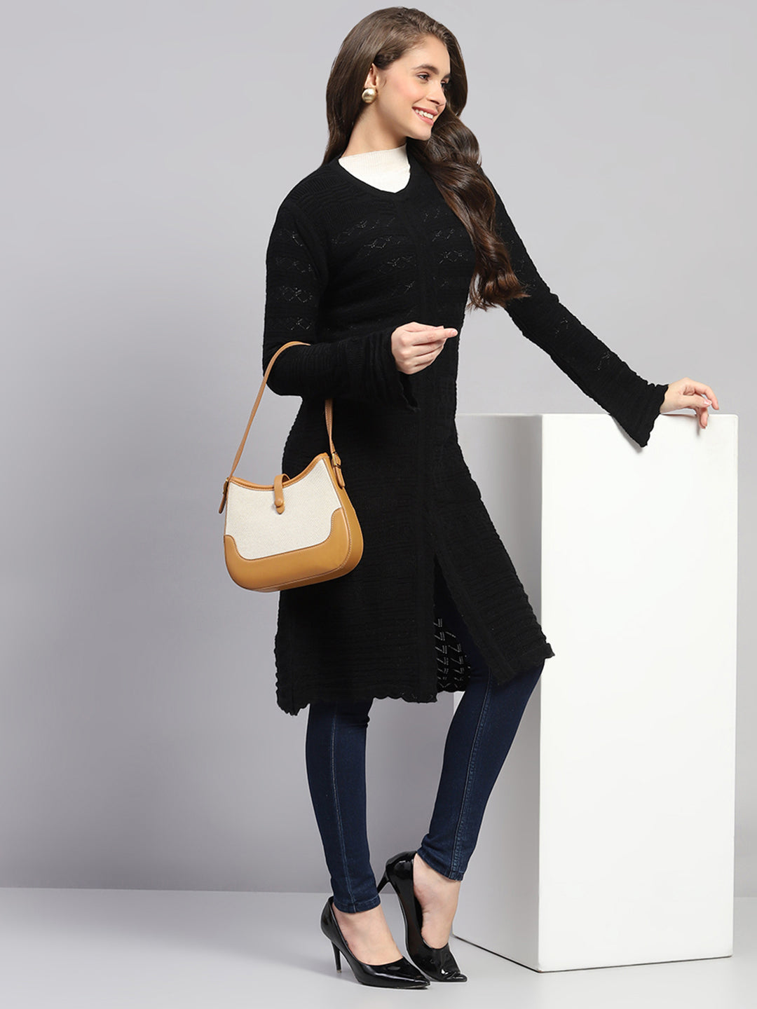 Women Black Self Design Round Neck Full Sleeve Longline Cardigan
