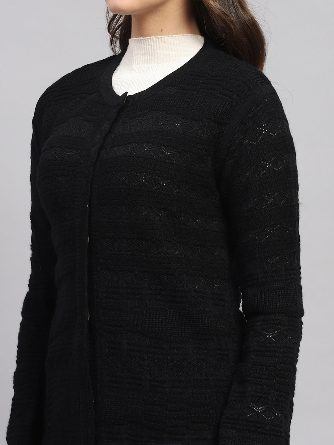 Women Black Self Design Round Neck Full Sleeve Longline Cardigan