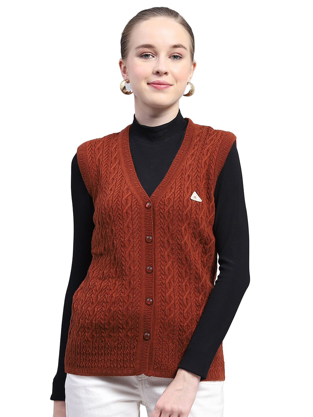 Women Brown Self Design V Neck Sleeveless Cardigan