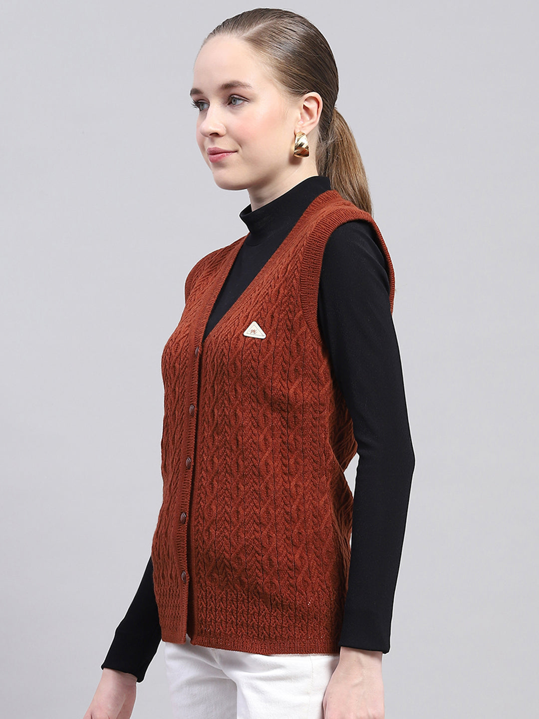 Women Brown Self Design V Neck Sleeveless Cardigan