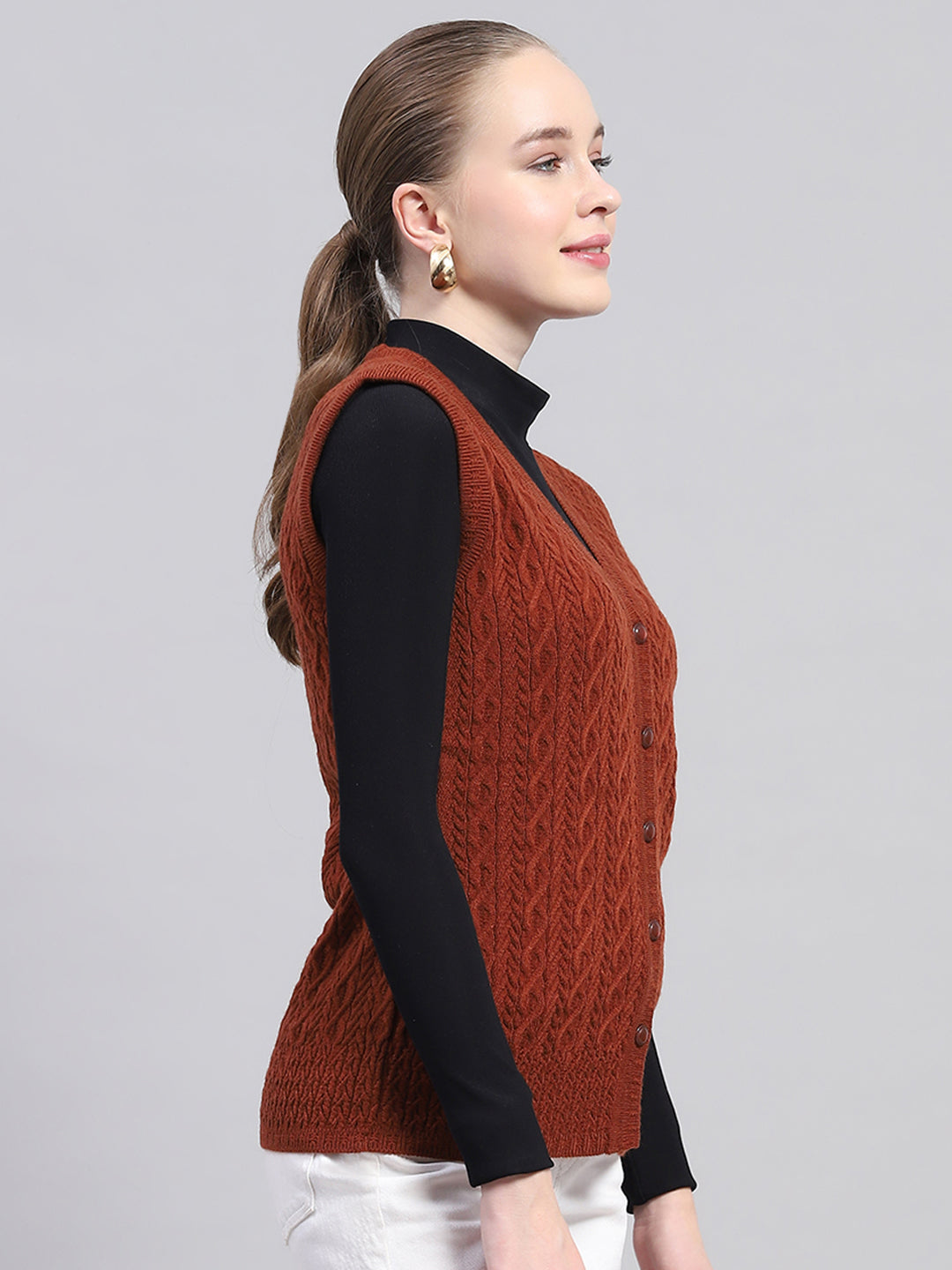 Women Brown Self Design V Neck Sleeveless Cardigan