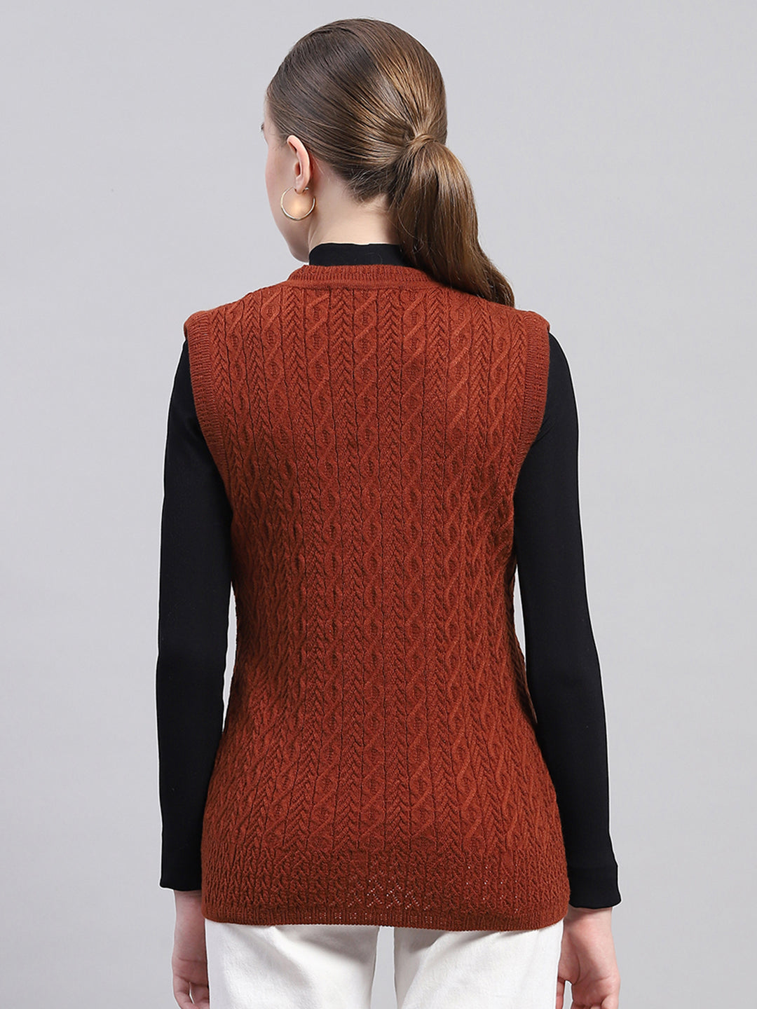 Women Brown Self Design V Neck Sleeveless Cardigan
