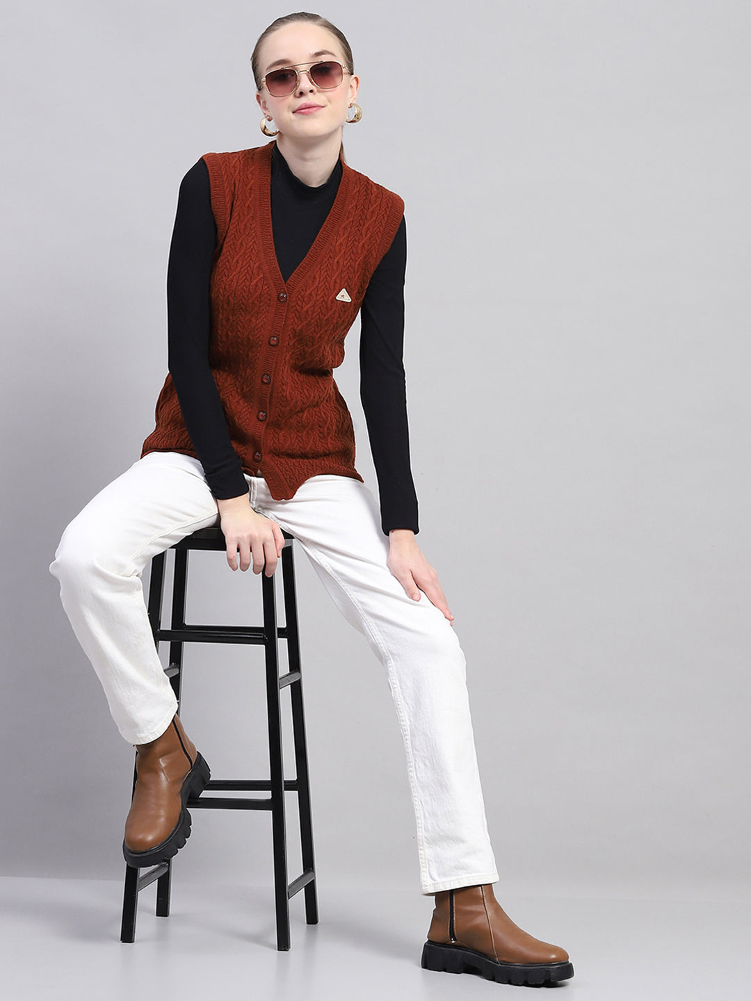 Women Brown Self Design V Neck Sleeveless Cardigan