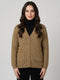 Women Camel Brown Self Design V Neck Full Sleeve Cardigan