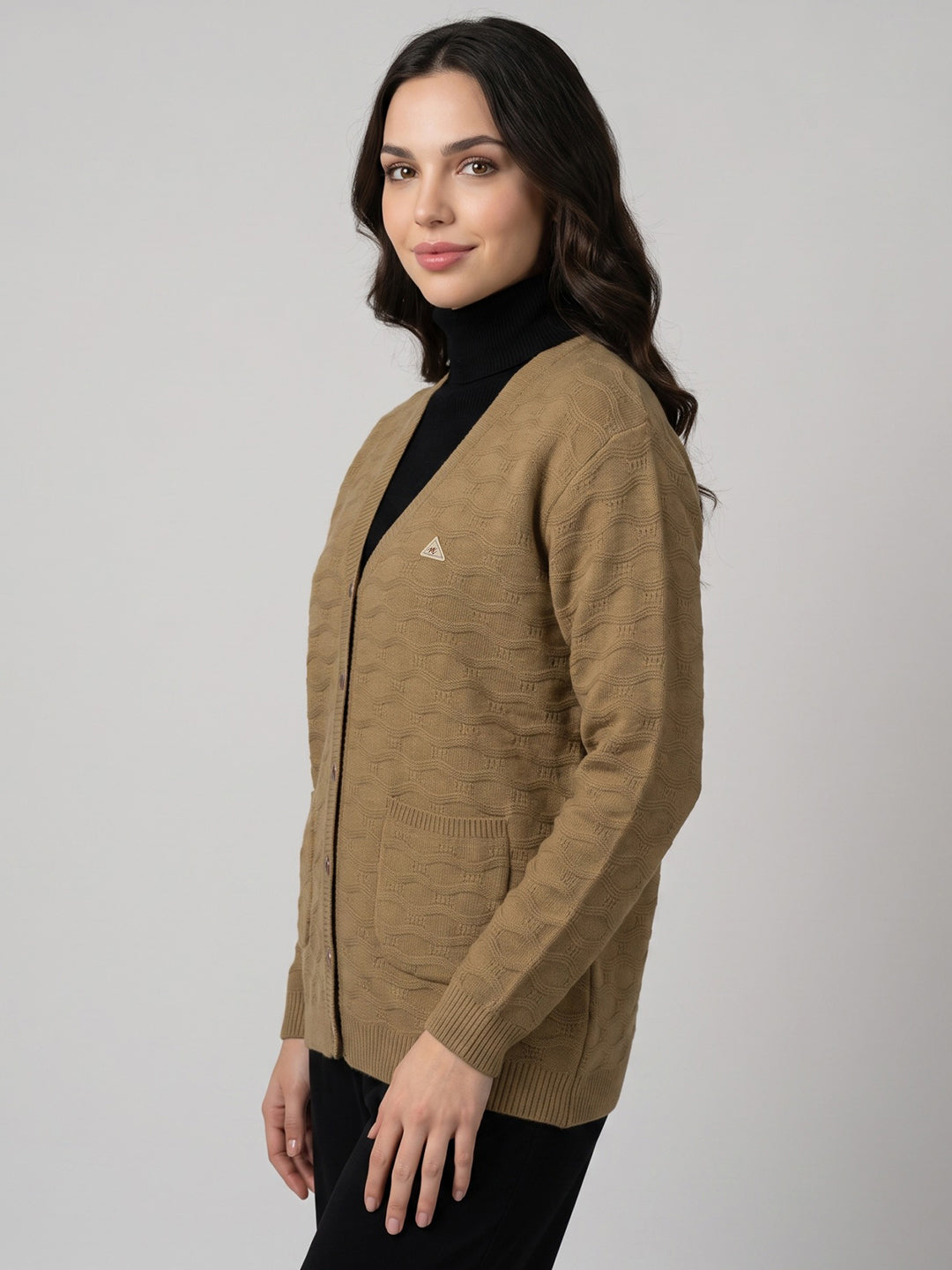 Women Camel Brown Self Design V Neck Full Sleeve Cardigan