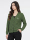 Women Green Self Design V Neck Full Sleeve Cardigan
