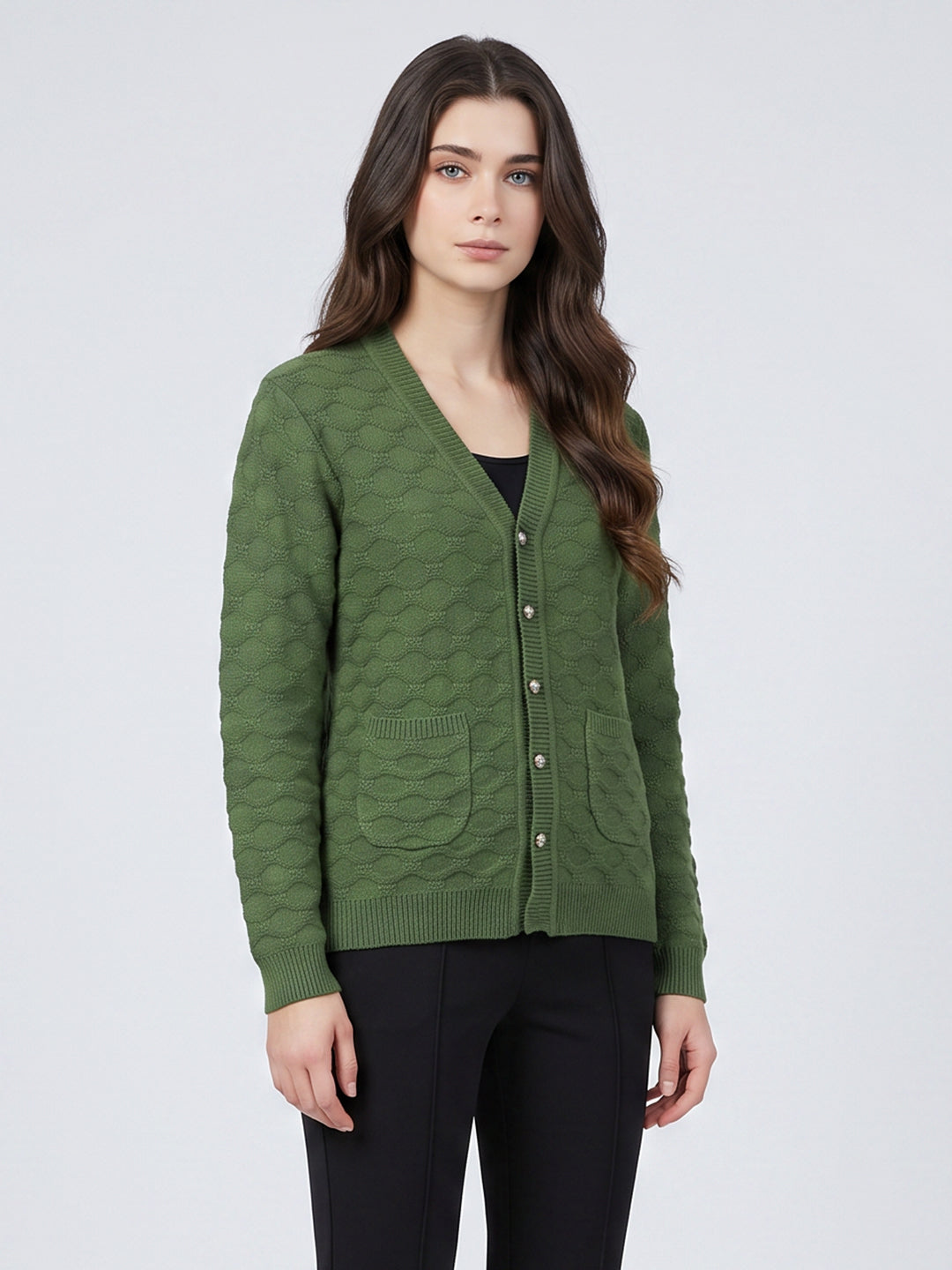 Women Green Self Design V Neck Full Sleeve Cardigan