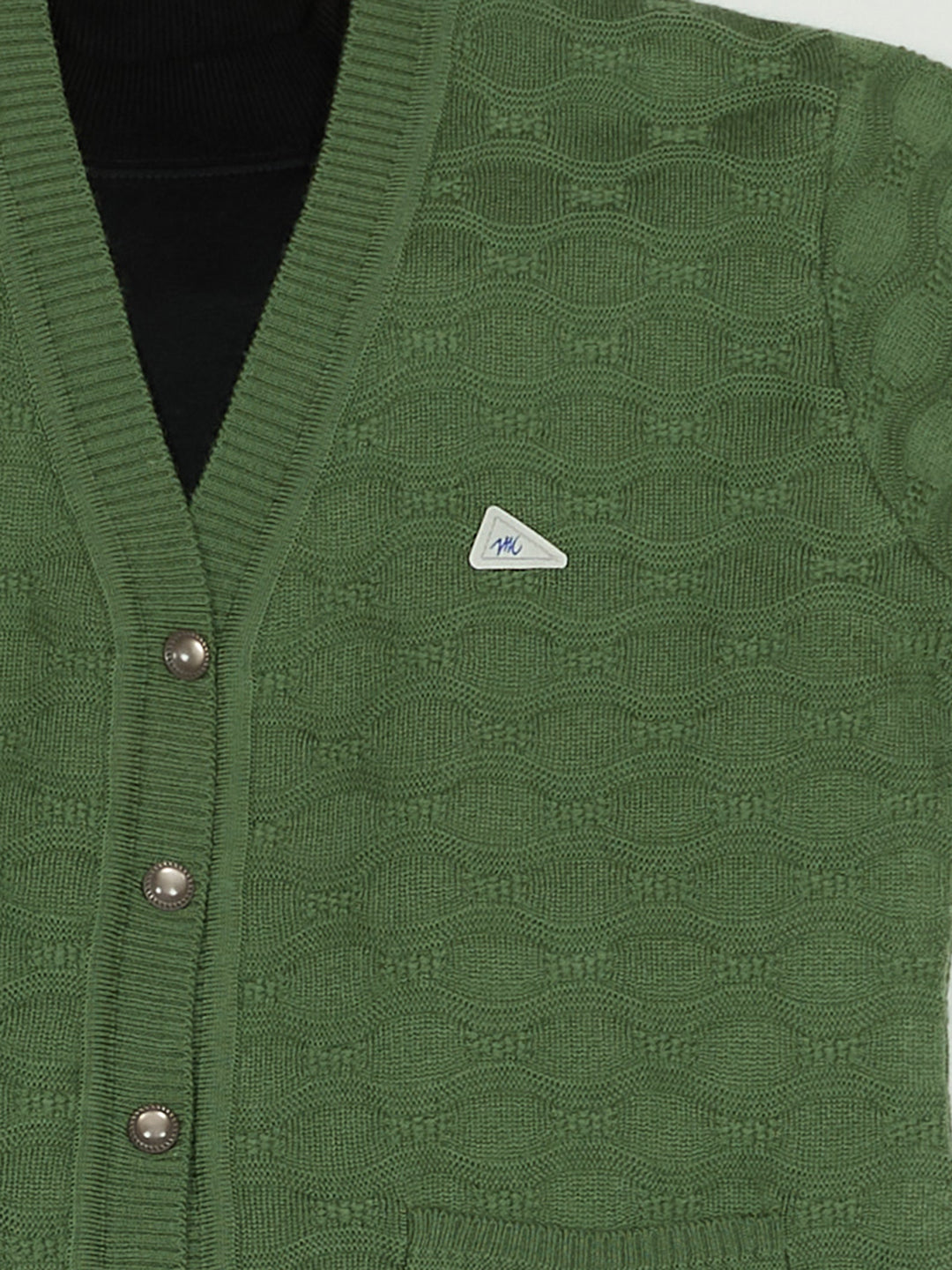 Women Green Self Design V Neck Full Sleeve Cardigan