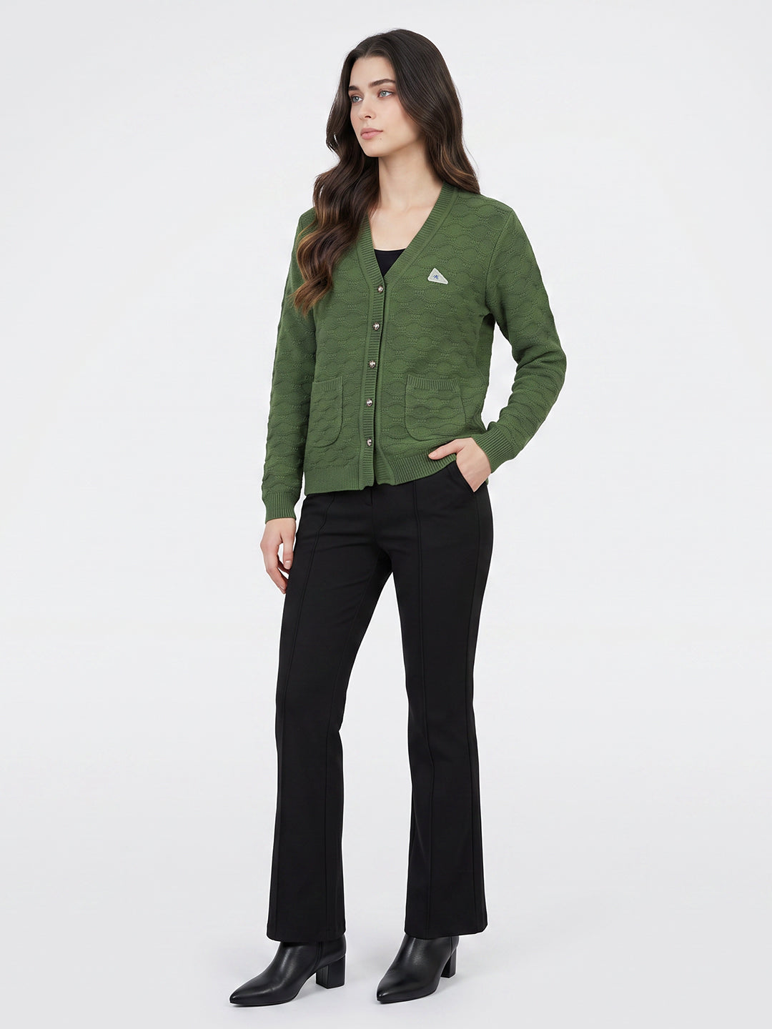 Women Green Self Design V Neck Full Sleeve Cardigan