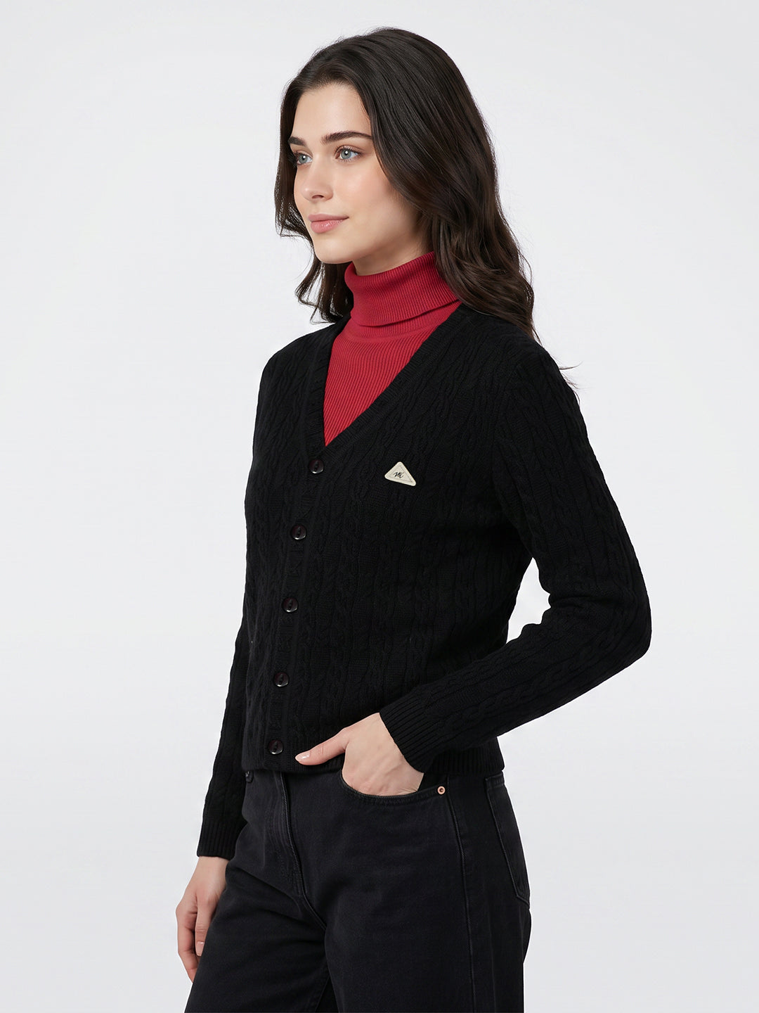 Women Black Self Design V Neck Full Sleeve Cardigan