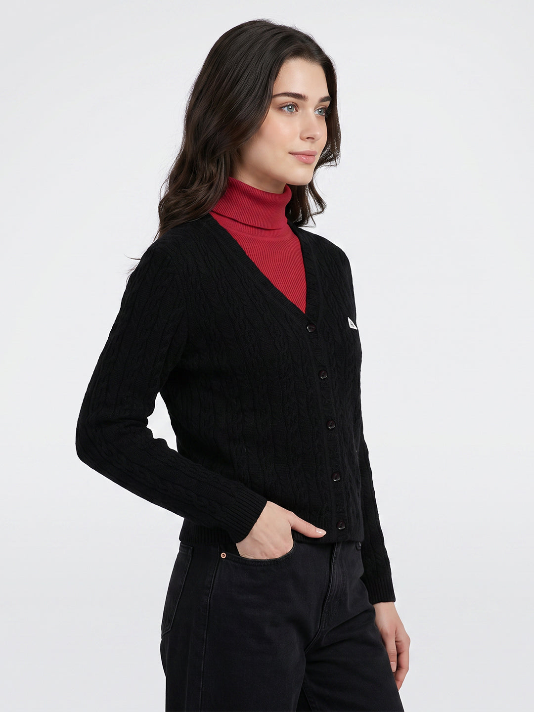 Women Black Self Design V Neck Full Sleeve Cardigan