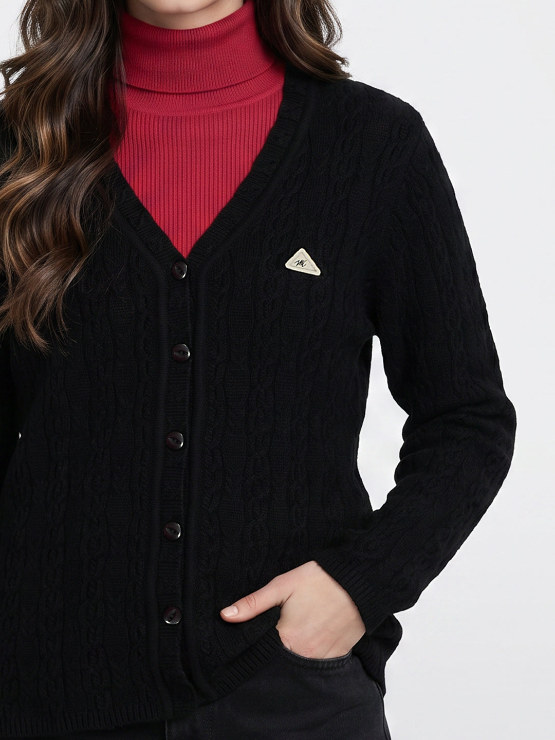 Women Black Self Design V Neck Full Sleeve Cardigan