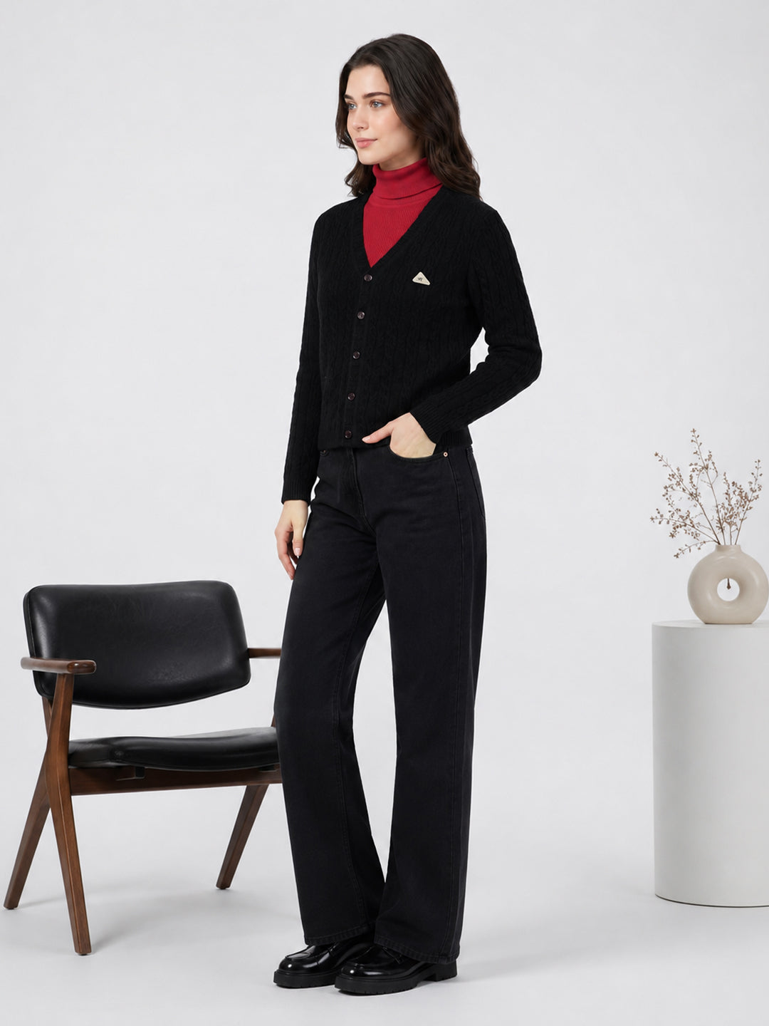 Women Black Self Design V Neck Full Sleeve Cardigan
