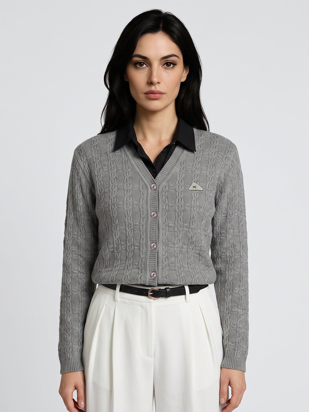 Women Grey Self Design V Neck Full Sleeve Cardigan