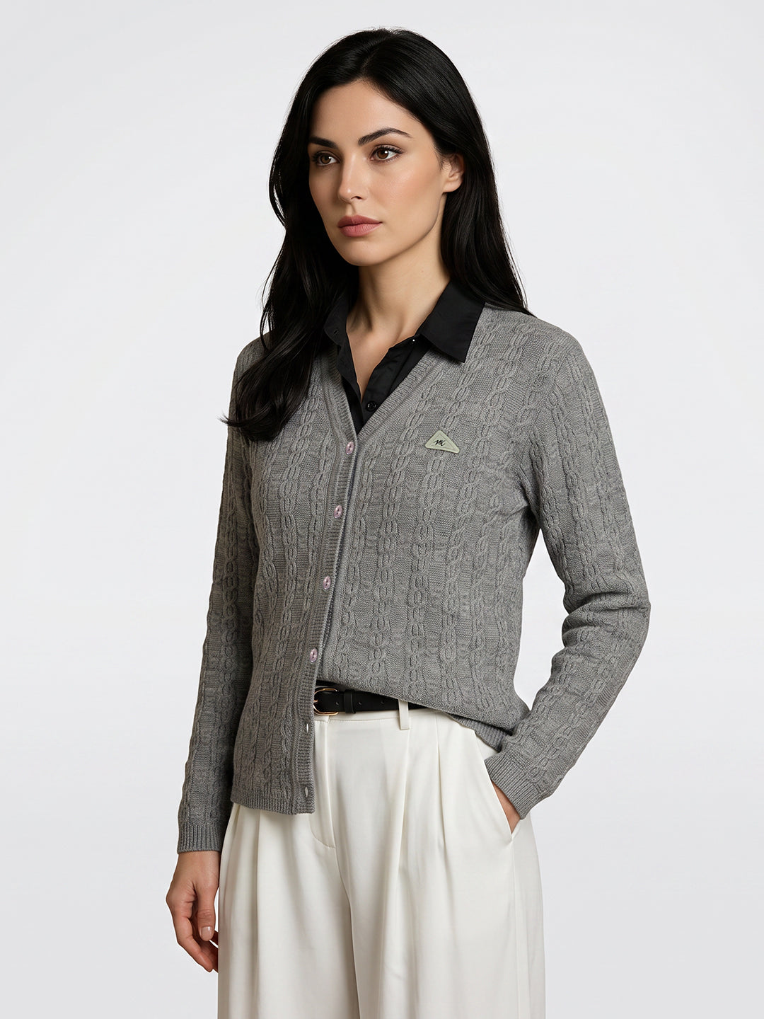 Women Grey Self Design V Neck Full Sleeve Cardigan