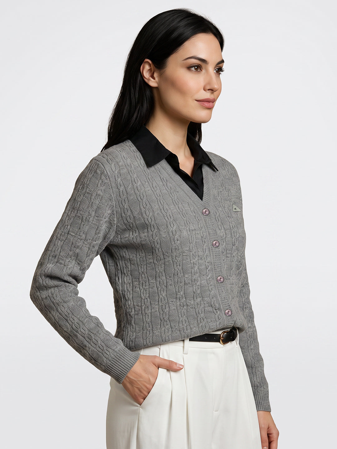 Women Grey Self Design V Neck Full Sleeve Cardigan