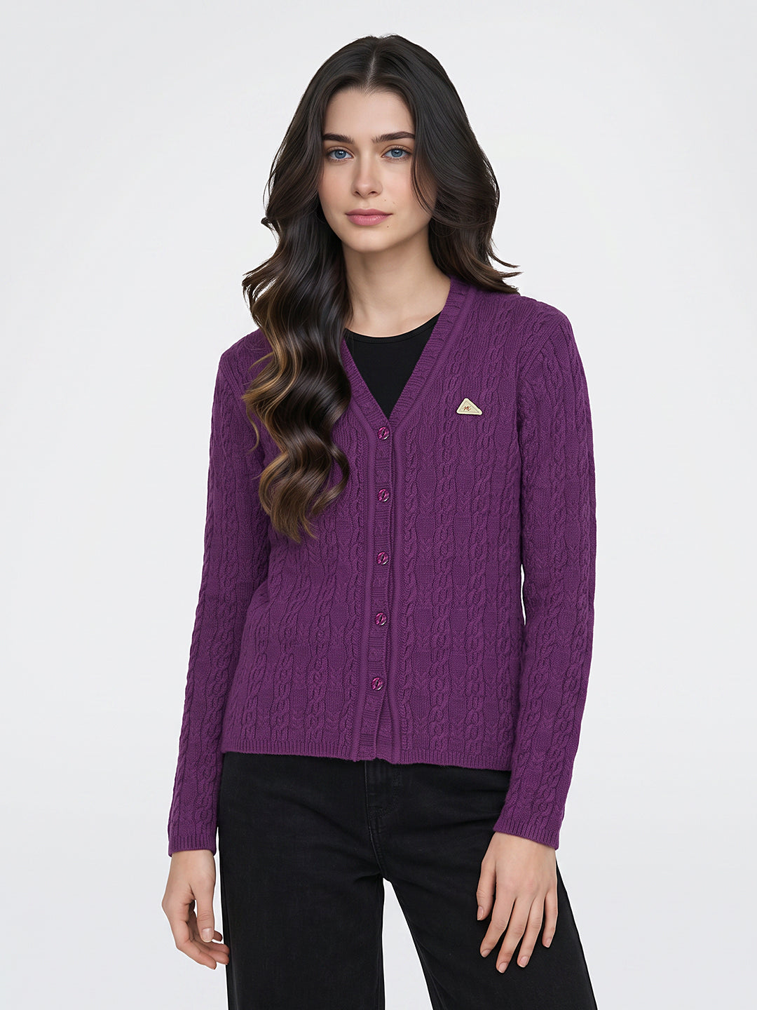 Women Purple Self Design V Neck Full Sleeve Cardigan