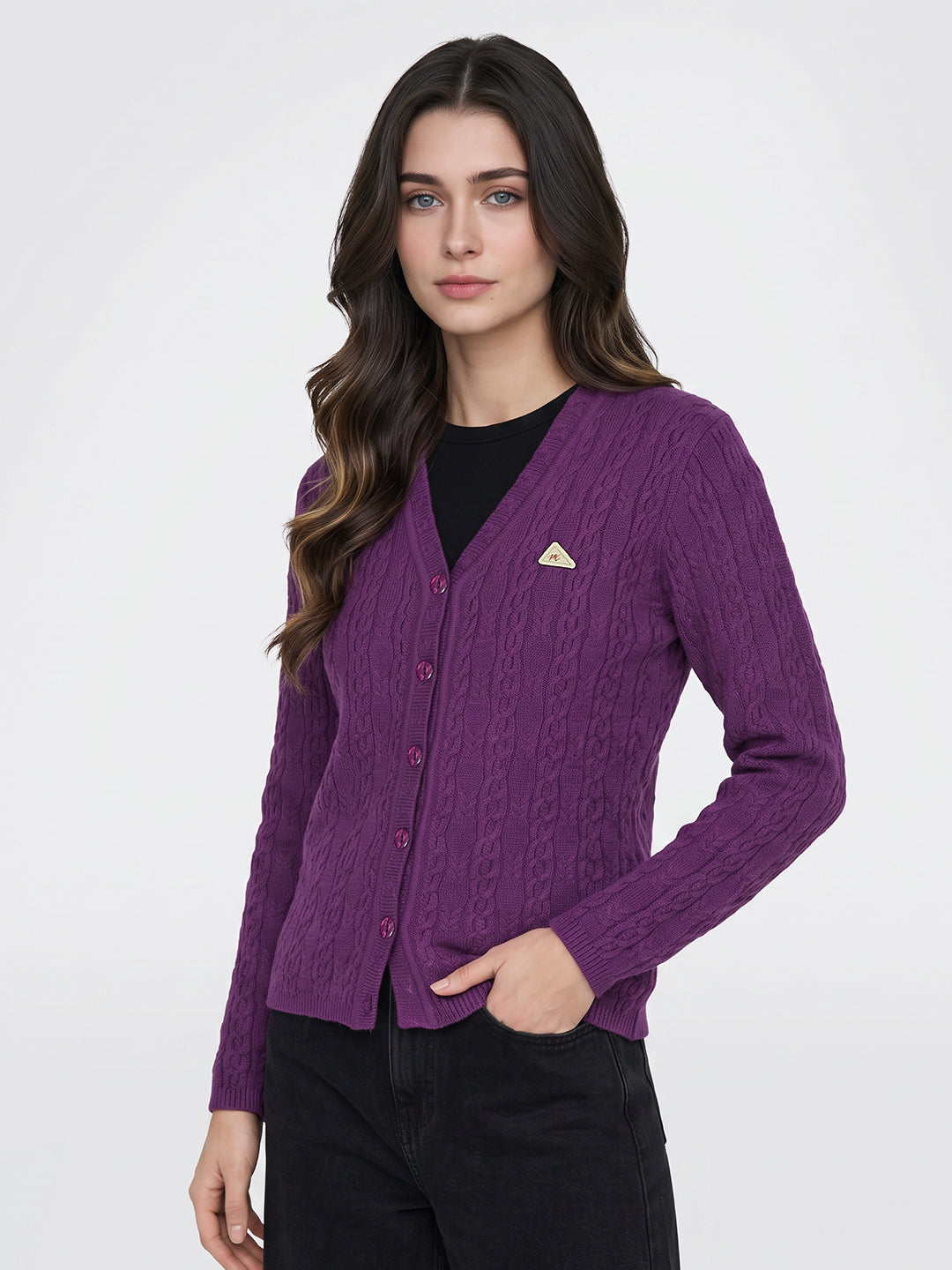 Women Purple Self Design V Neck Full Sleeve Cardigan