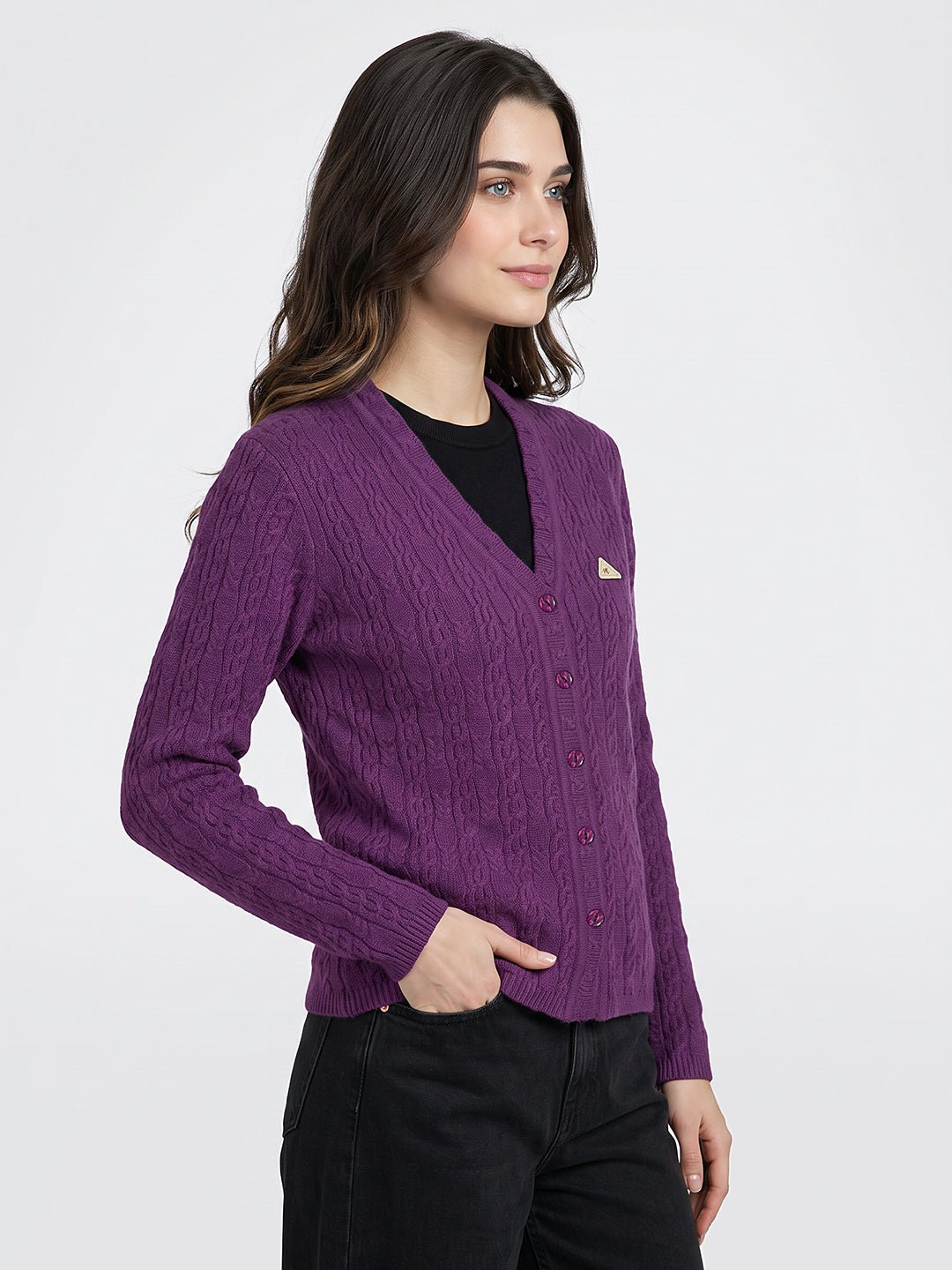 Women Purple Self Design V Neck Full Sleeve Cardigan