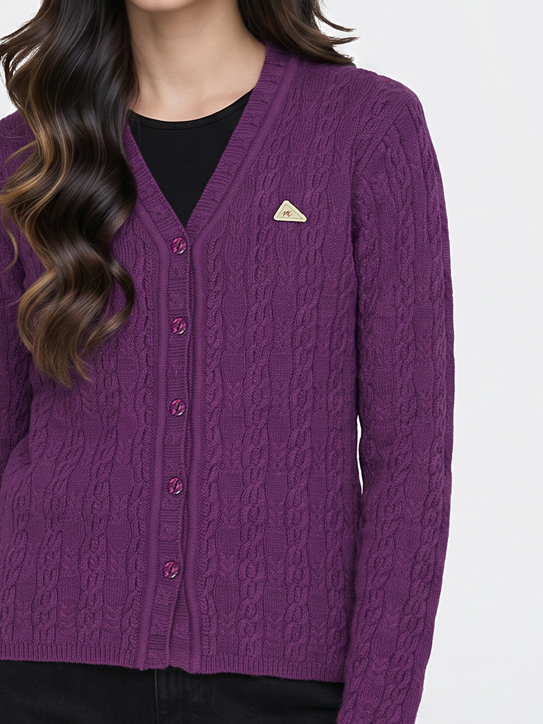 Women Purple Self Design V Neck Full Sleeve Cardigan