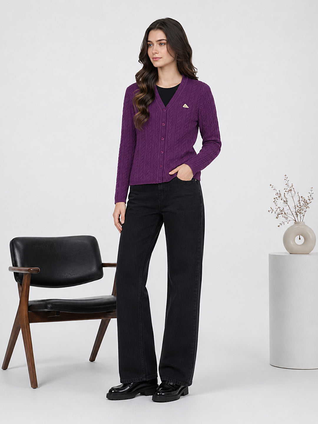 Women Purple Self Design V Neck Full Sleeve Cardigan