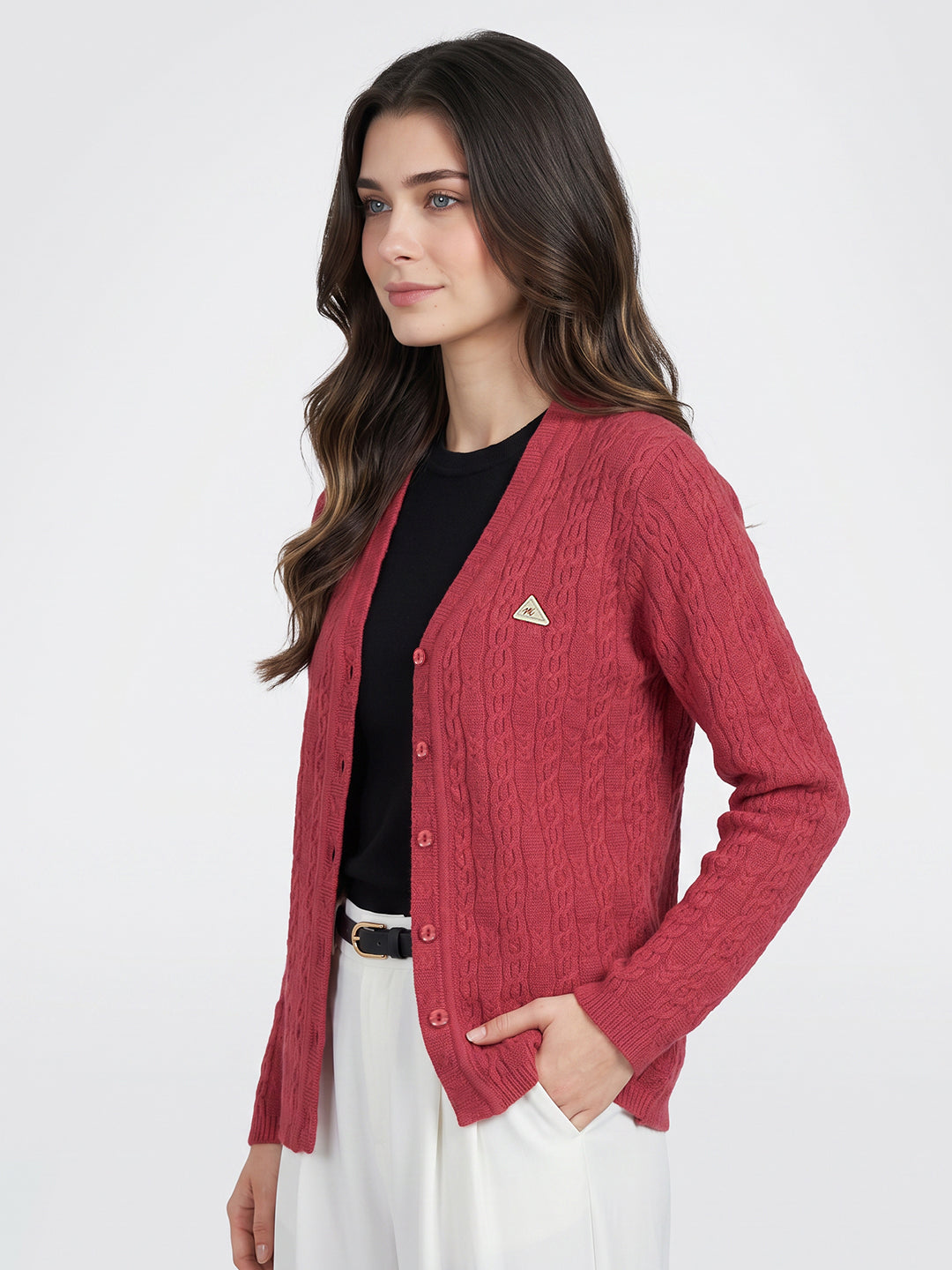 Women Coral Self Design V Neck Full Sleeve Cardigan