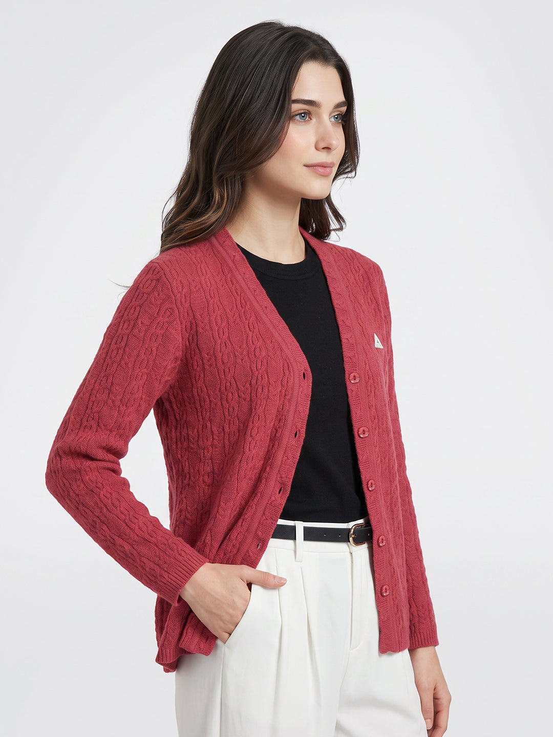 Women Coral Self Design V Neck Full Sleeve Cardigan