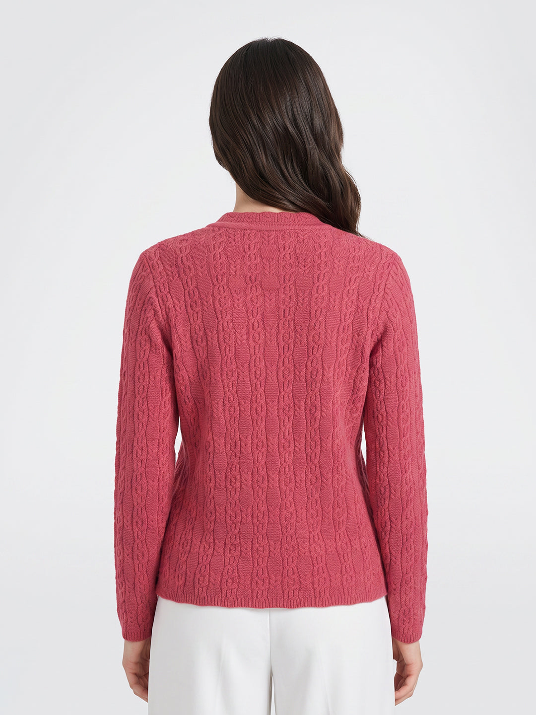 Women Coral Self Design V Neck Full Sleeve Cardigan
