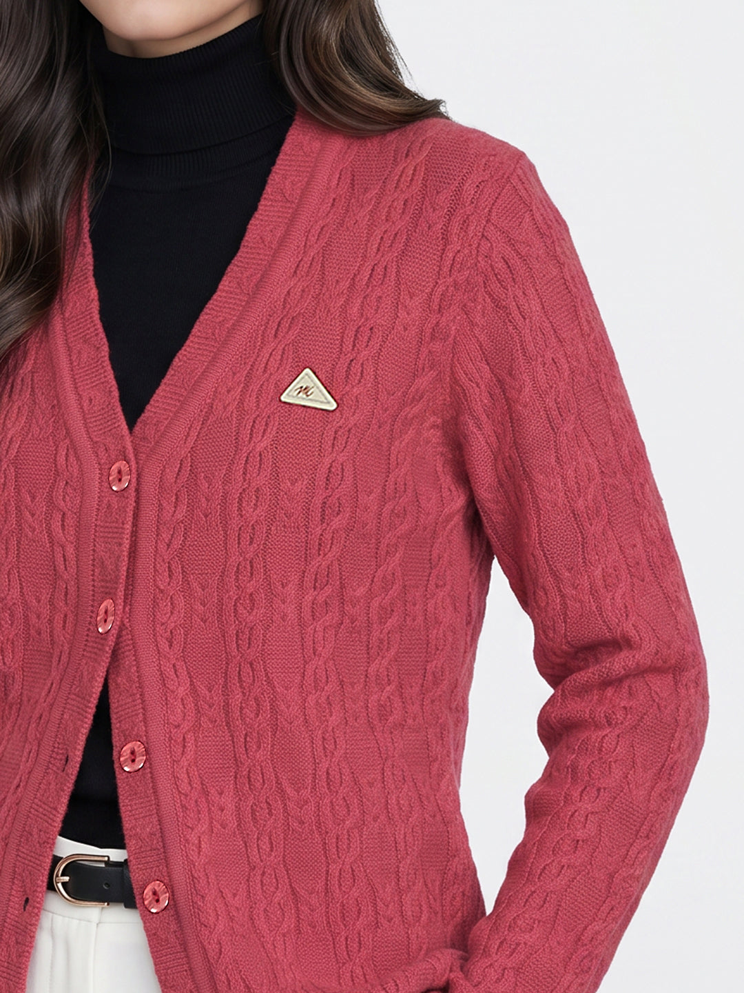 Women Coral Self Design V Neck Full Sleeve Cardigan