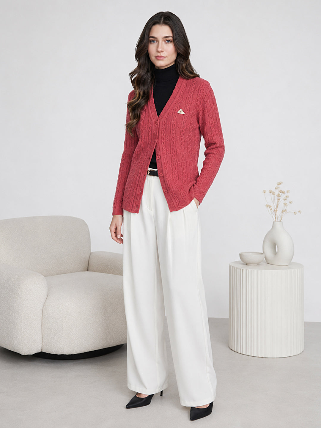Women Coral Self Design V Neck Full Sleeve Cardigan