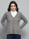Women Grey Self Design V Neck Full Sleeve Cardigan