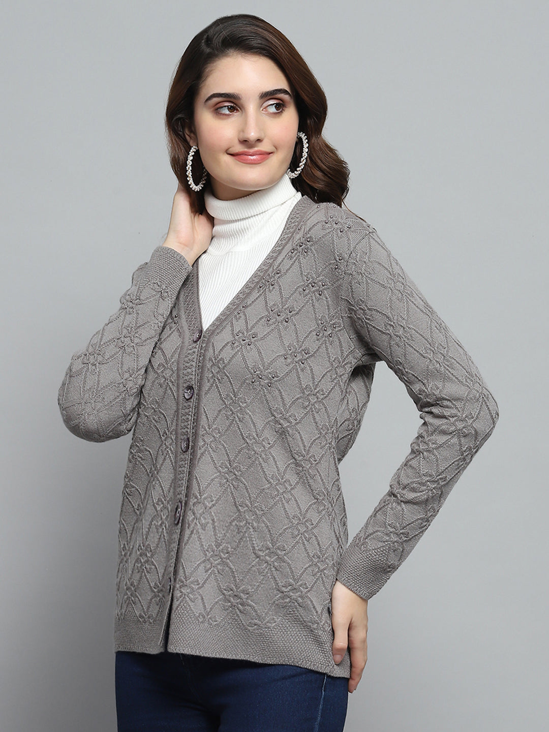 Women Grey Self Design V Neck Full Sleeve Cardigan