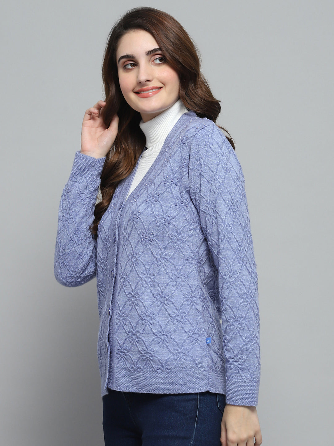 Women Purple Self Design V Neck Full Sleeve Cardigan