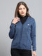 Women Blue Self Design V Neck Full Sleeve Cardigan