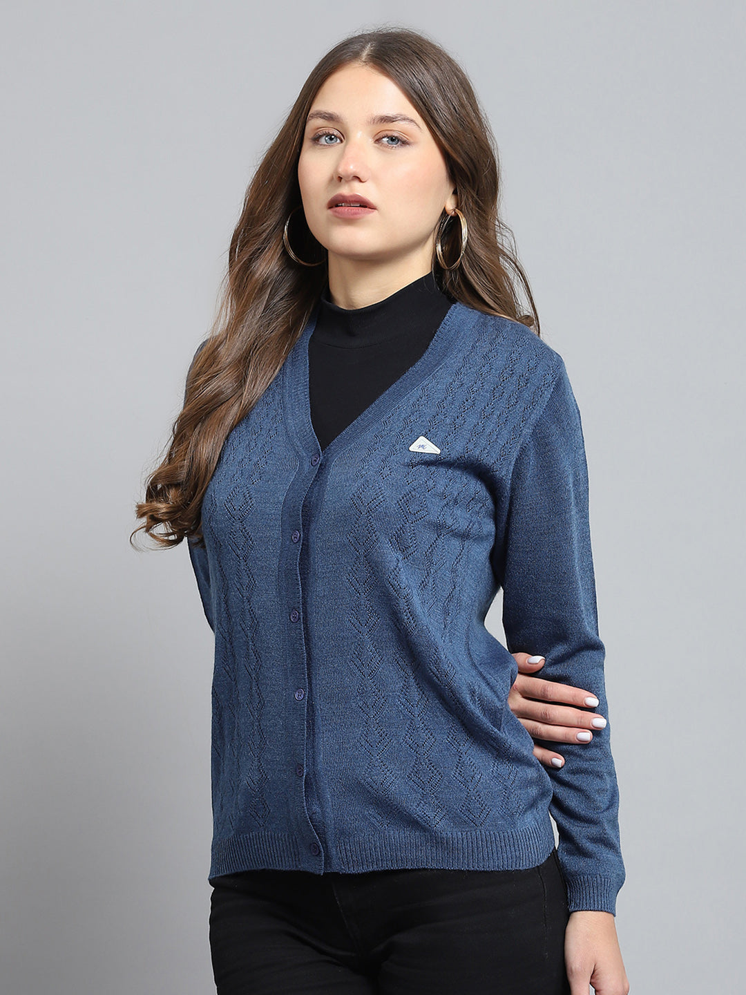 Women Blue Self Design V Neck Full Sleeve Cardigan