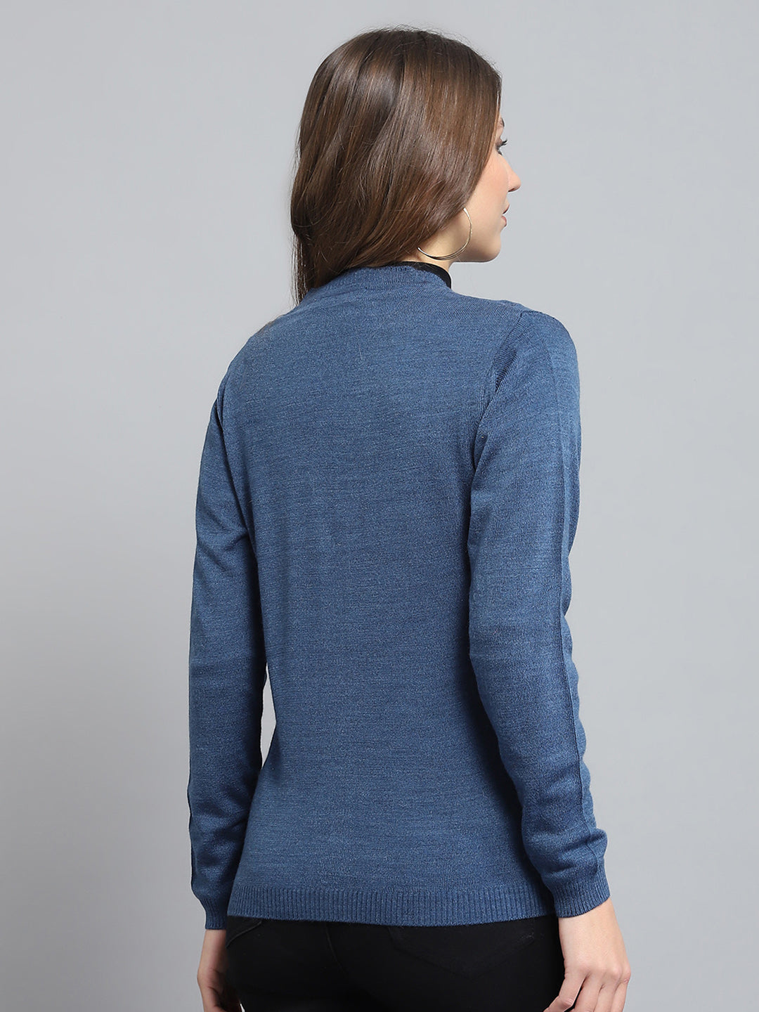 Women Blue Self Design V Neck Full Sleeve Cardigan