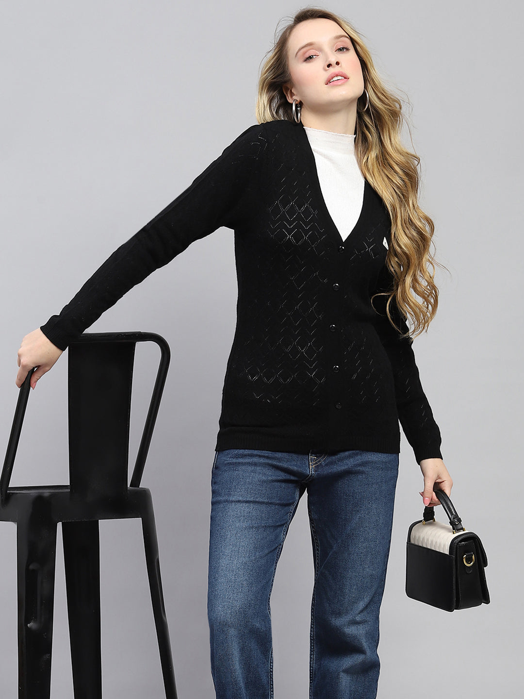 Women Black Self Design V Neck Full Sleeve Cardigan