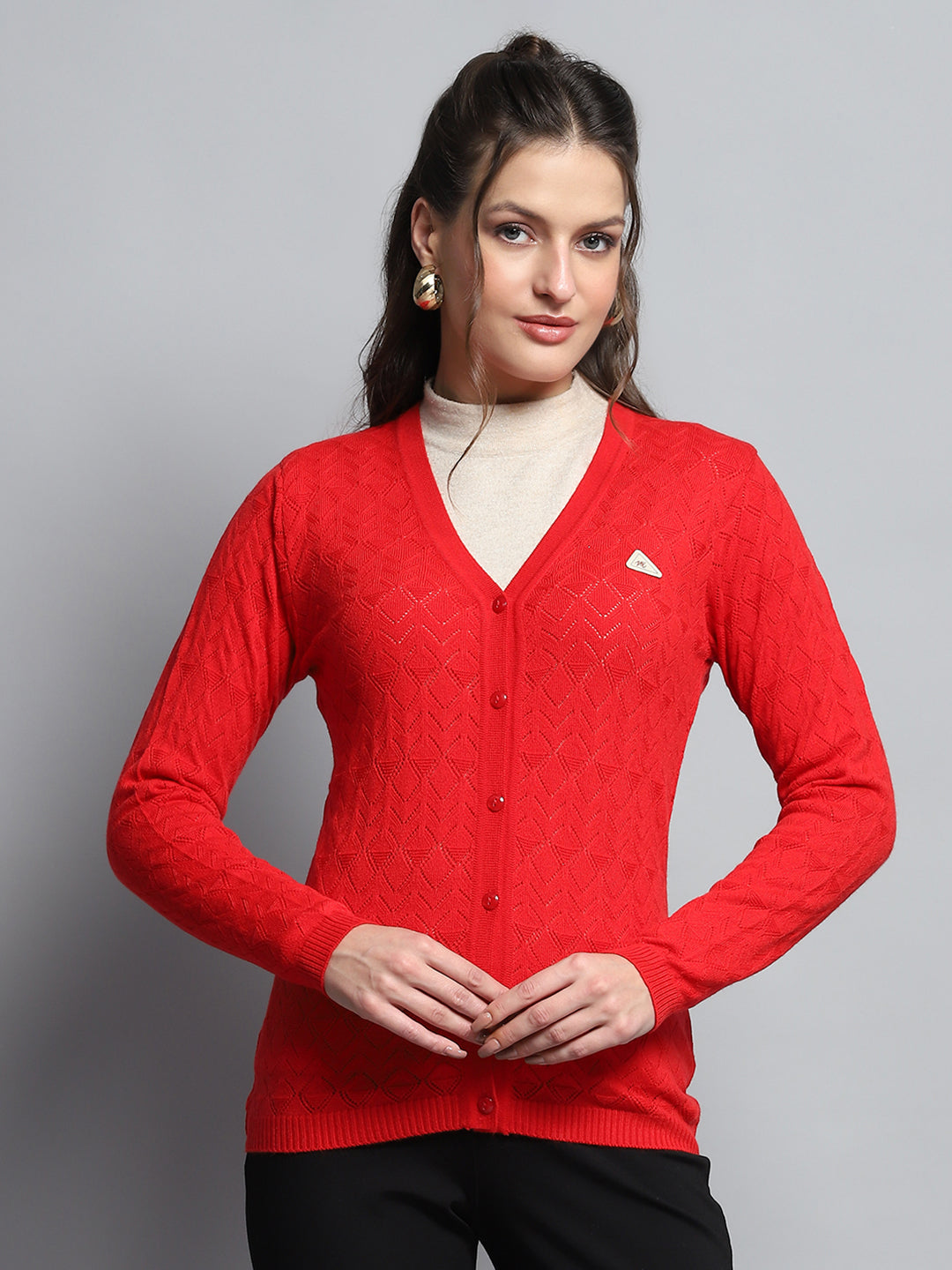 Women Red Self Design V Neck Full Sleeve Cardigan