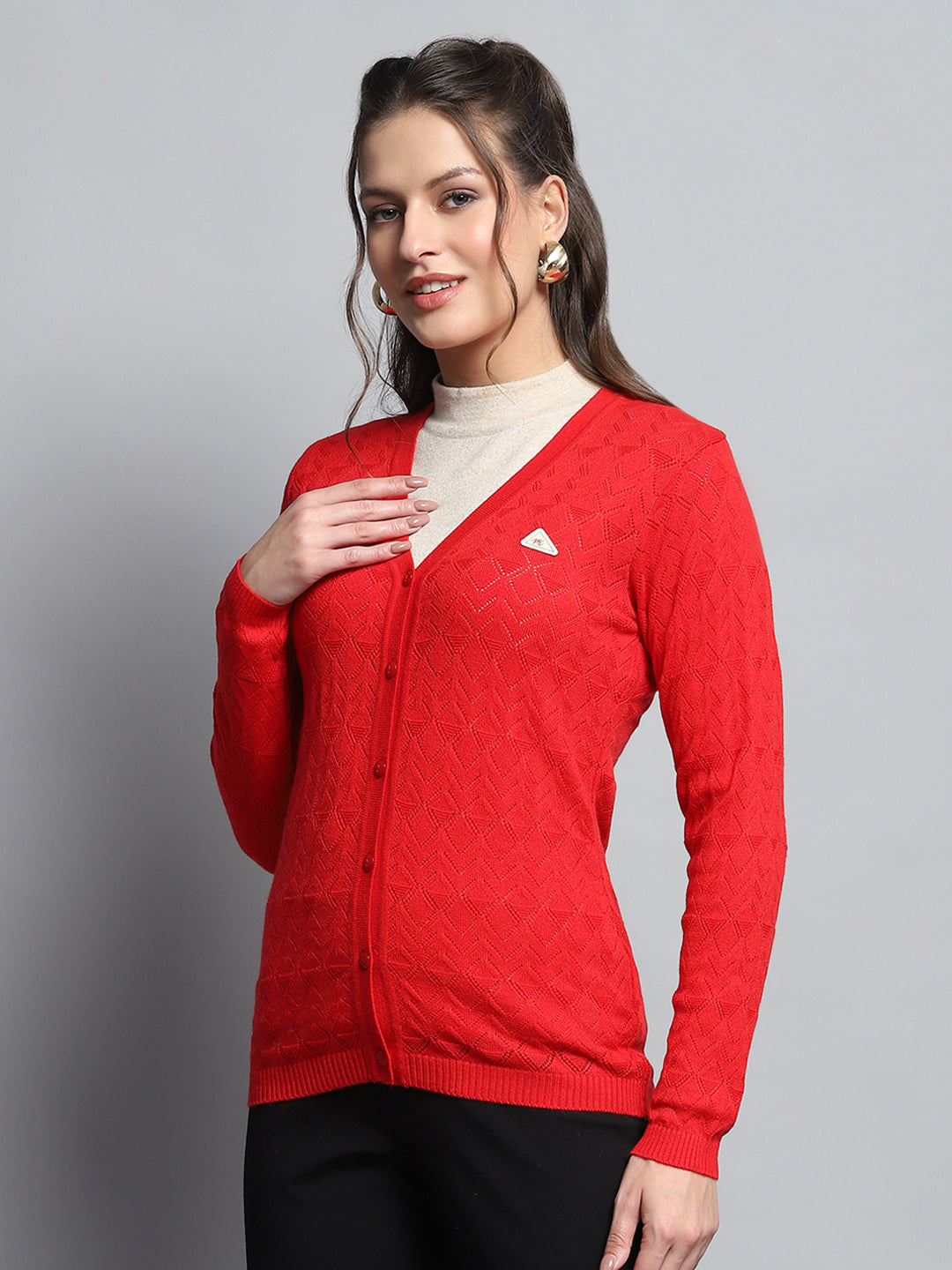 Women Red Self Design V Neck Full Sleeve Cardigan