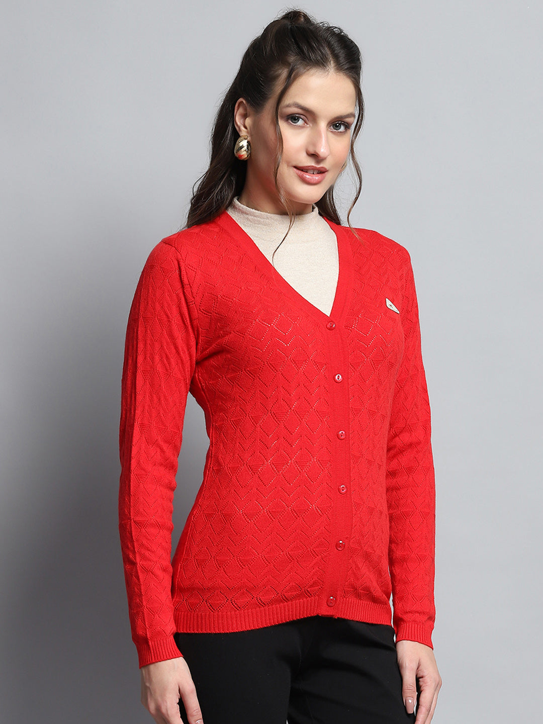 Women Red Self Design V Neck Full Sleeve Cardigan