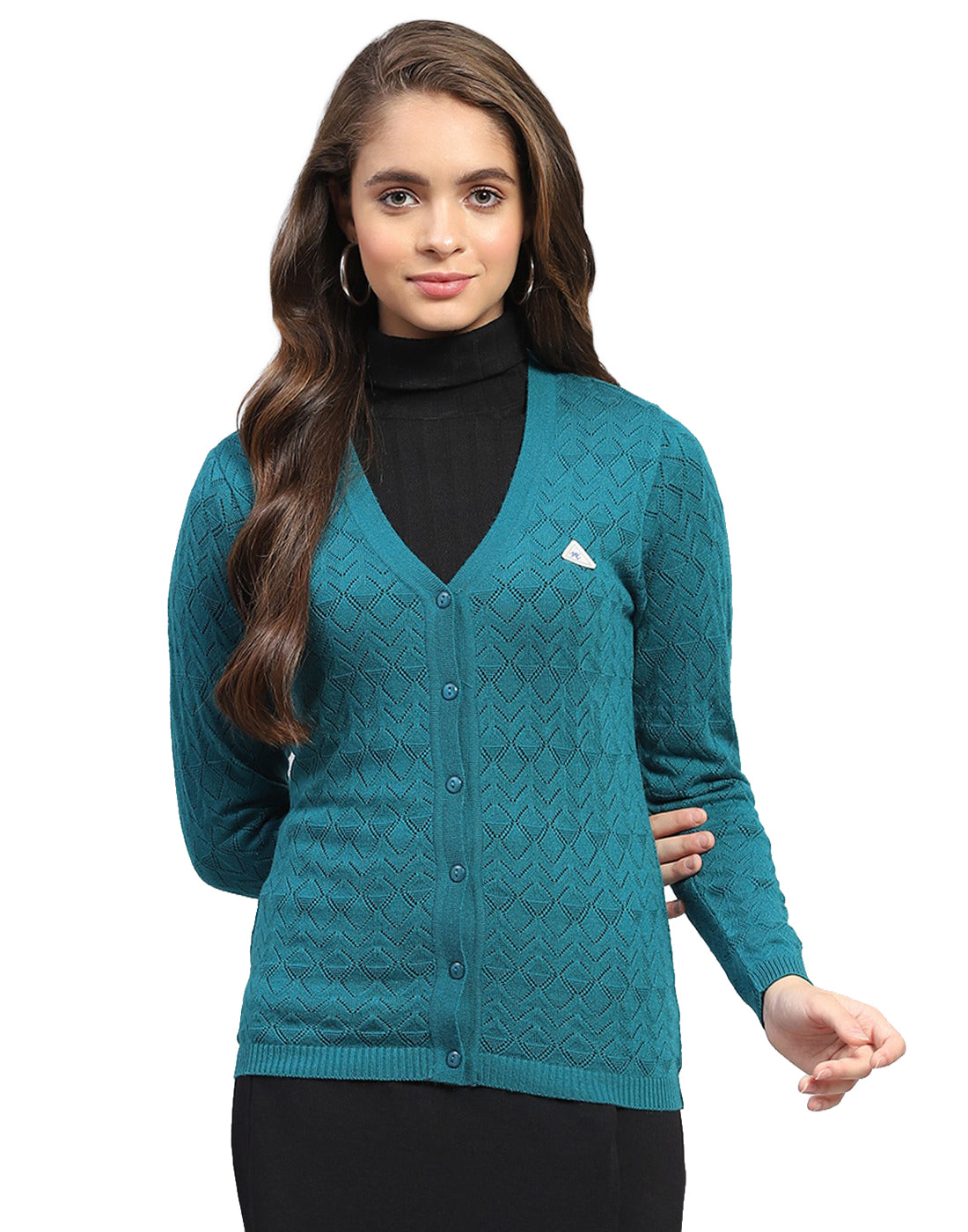 Women Teal Blue Self Design V Neck Full Sleeve Cardigan