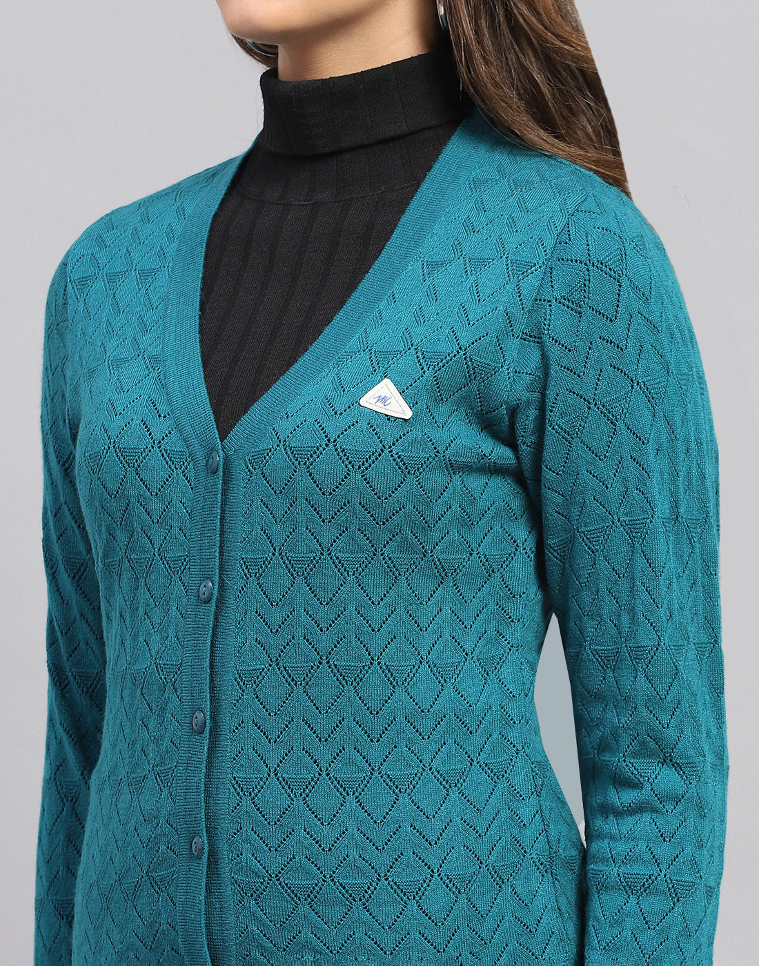 Women Teal Blue Self Design V Neck Full Sleeve Cardigan