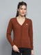 Women Brown Self Design V Neck Full Sleeve Cardigan