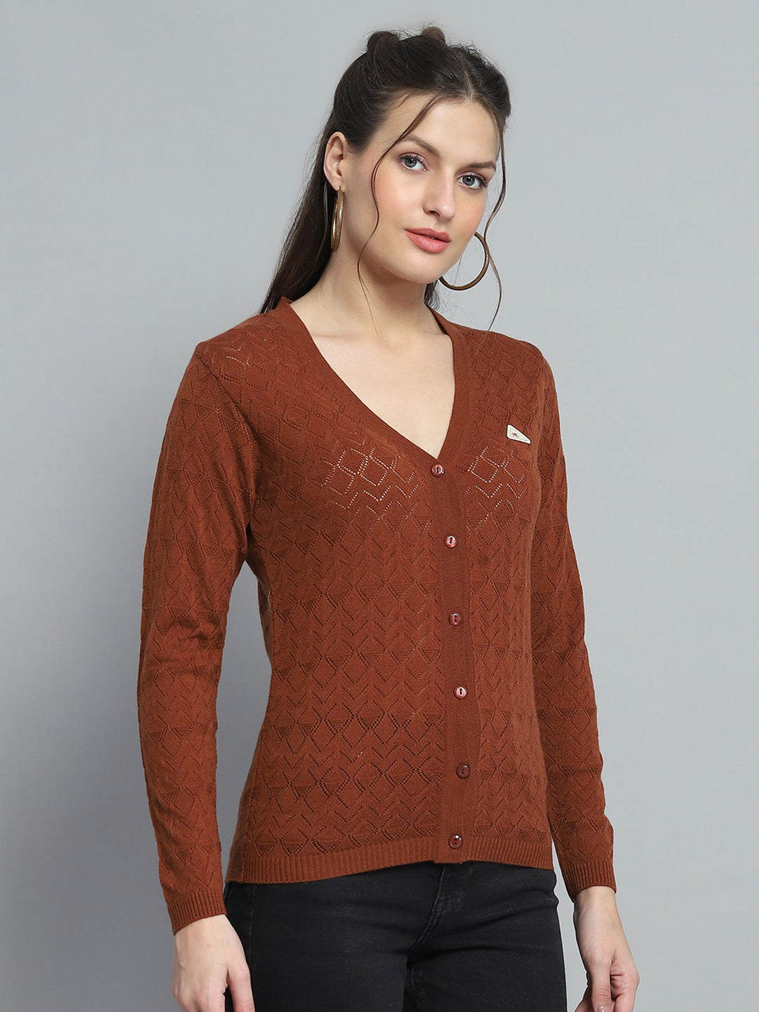 Women Brown Self Design V Neck Full Sleeve Cardigan